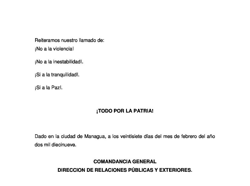 nota de prensa del ej&eacute;rcito de nicaragua